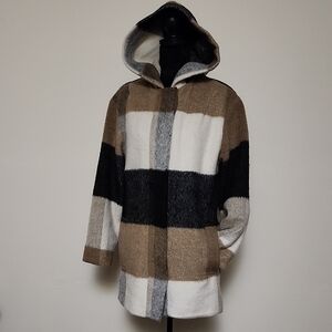Oversized Plaid Wool Blend Peacoat Neutral Colors Hidden Button Zip Hooded Coat